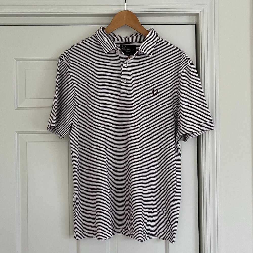 Fred Perry Slim Fit Striped White Maroon Red Short Sleeve Polo Shirt Men's Large
